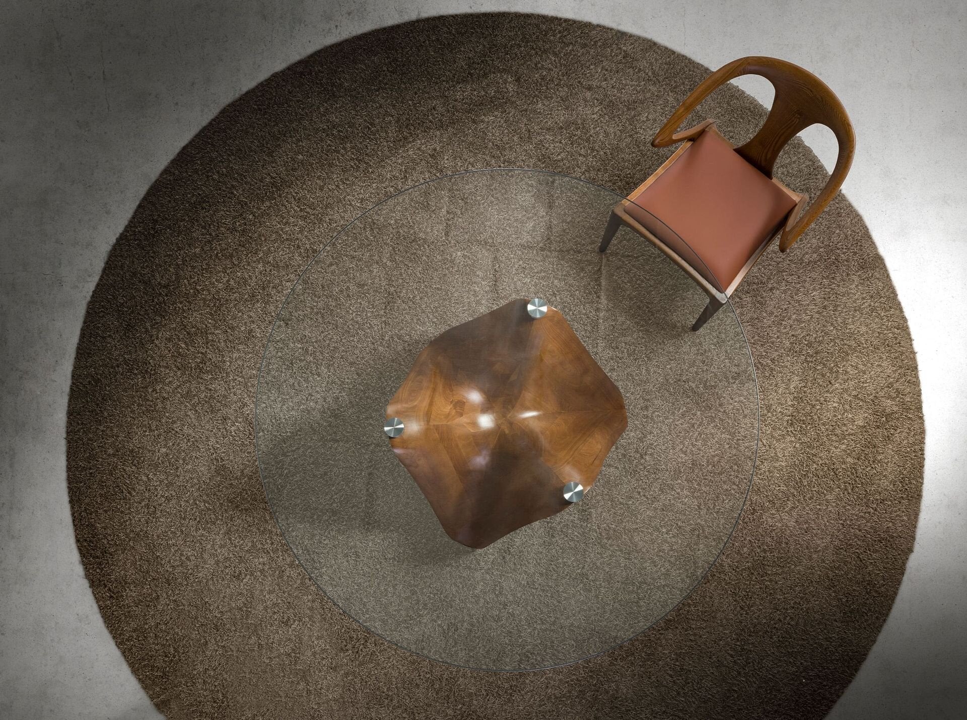 Round tempered glass and walnut dining table