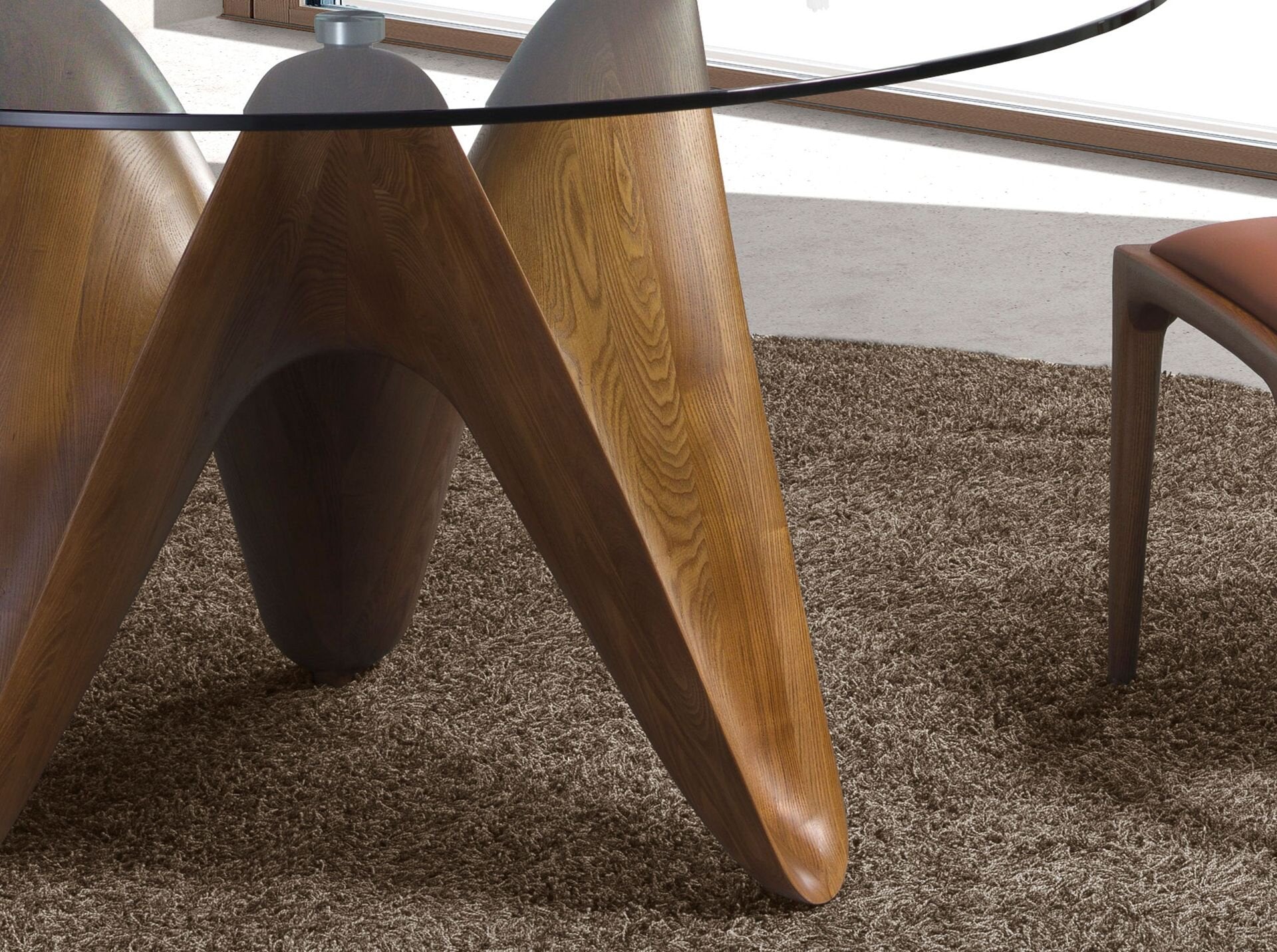 Round tempered glass and walnut dining table