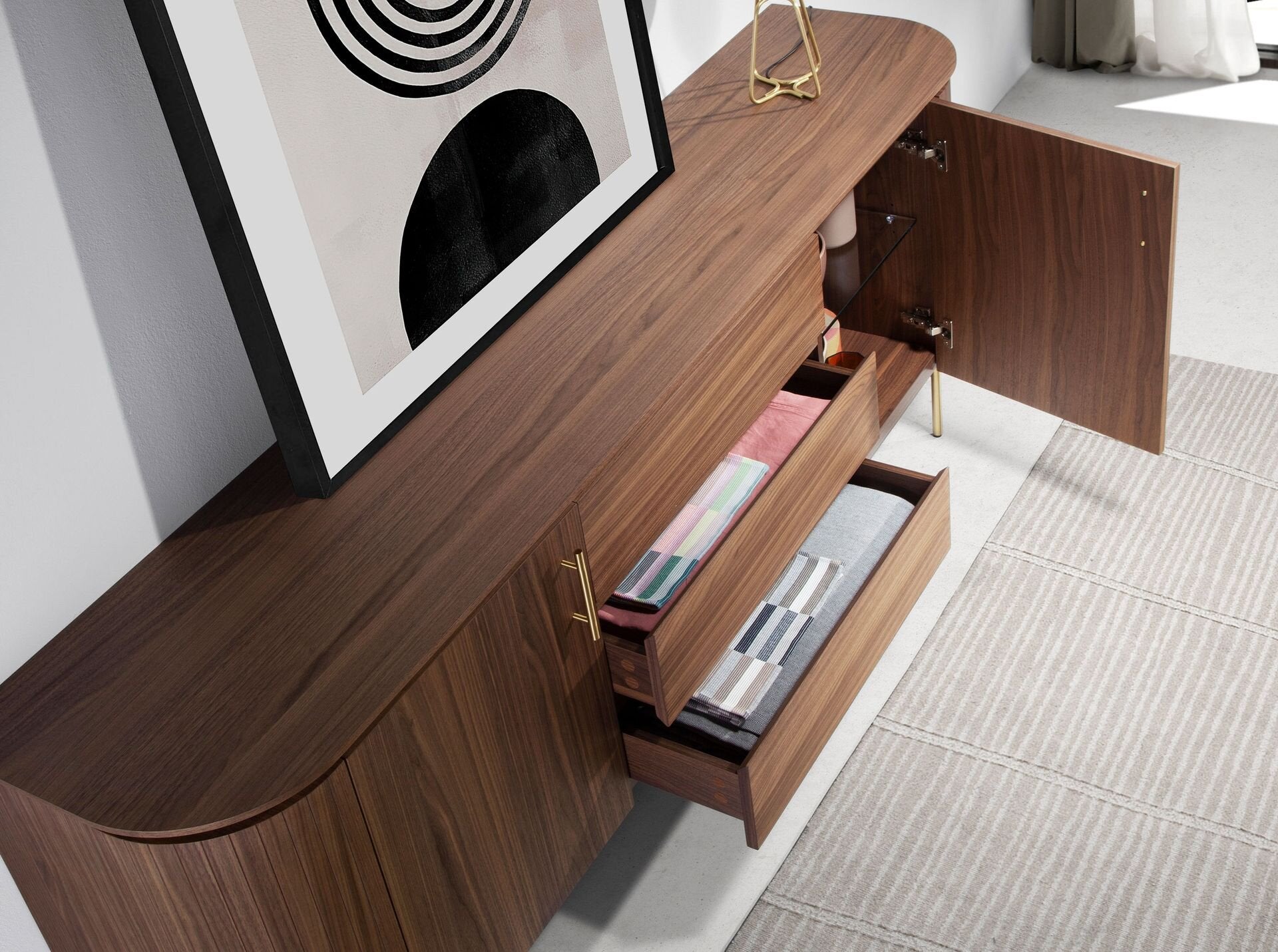 Sideboard walnut and golden polished steel