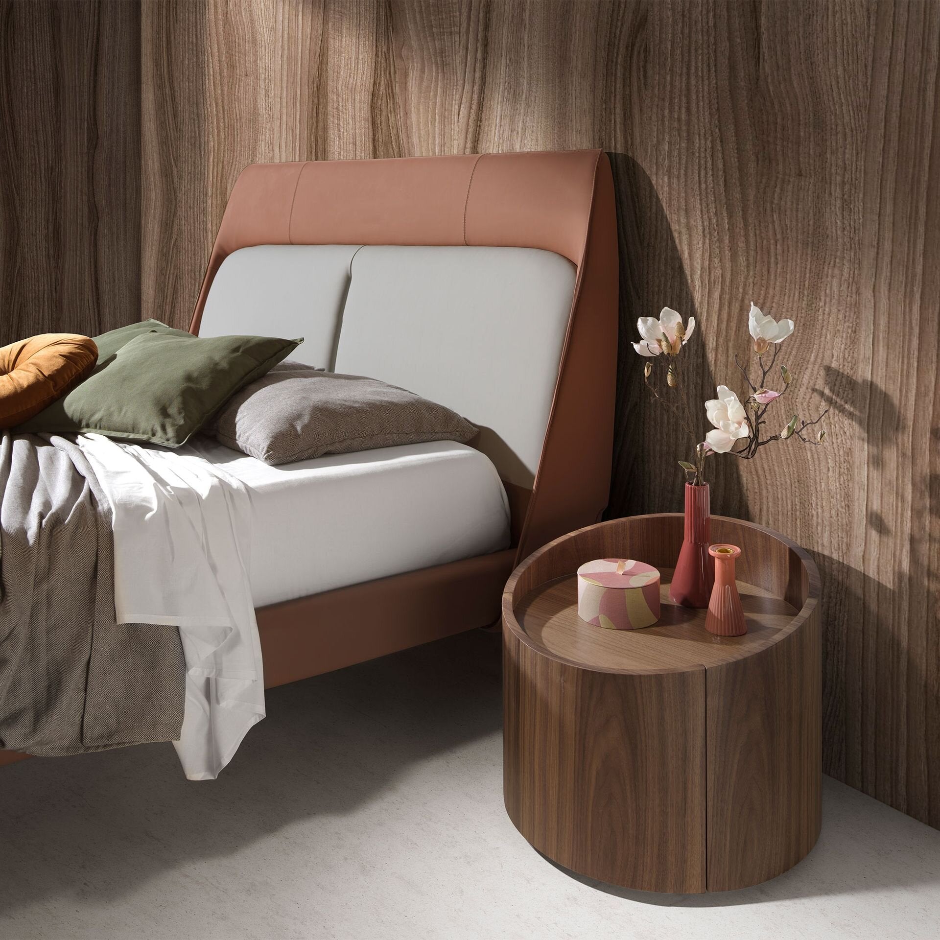 Walnut and black steel bedside Table