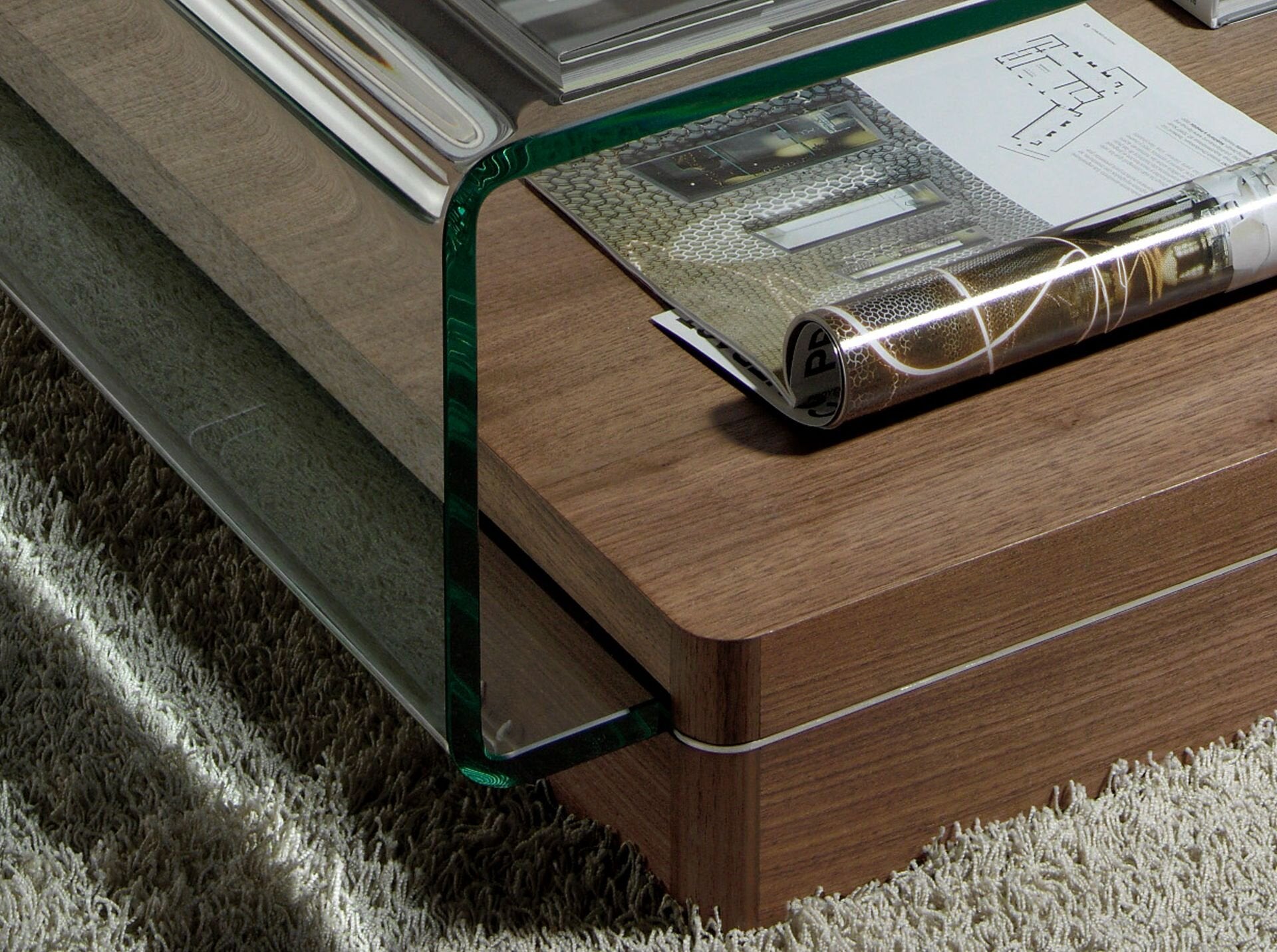 Rectangular tempered glass and walnut coffee table