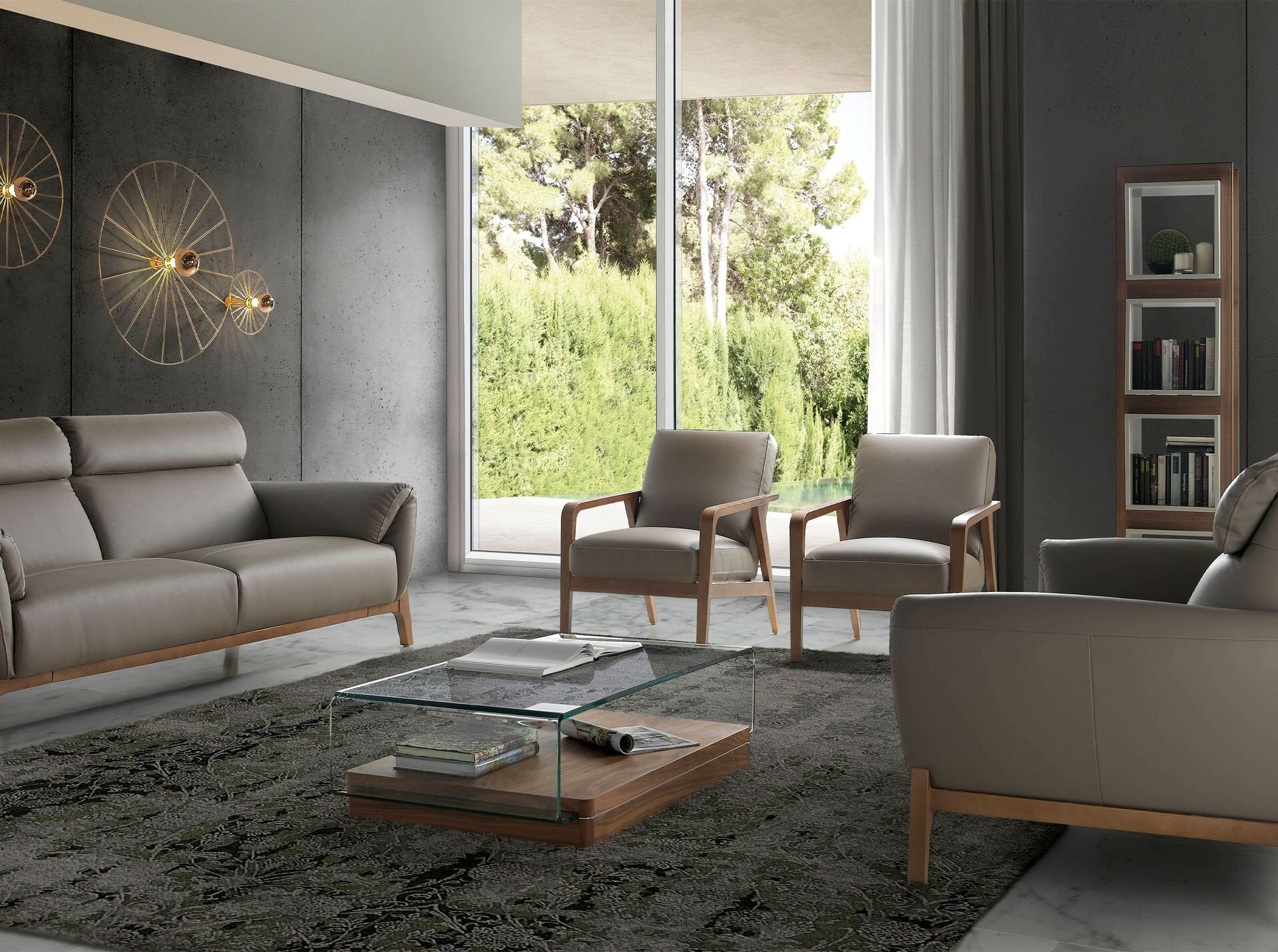 Rectangular tempered glass and walnut coffee table