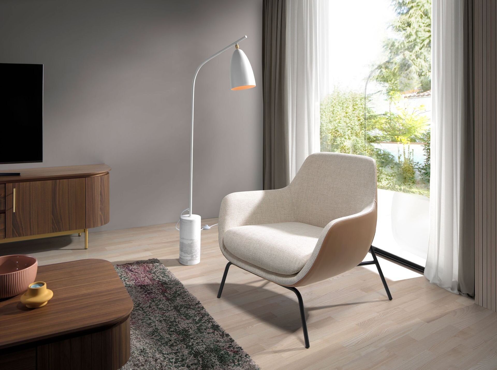 Cream Fabric and Leatherette Armchair