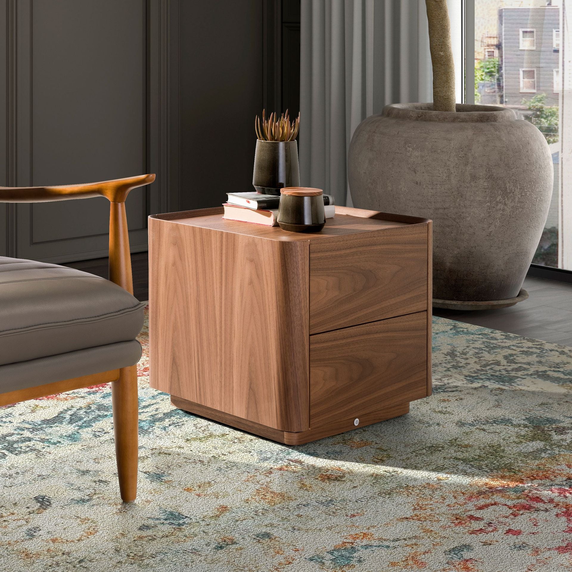 Walnut bedside table with lighting