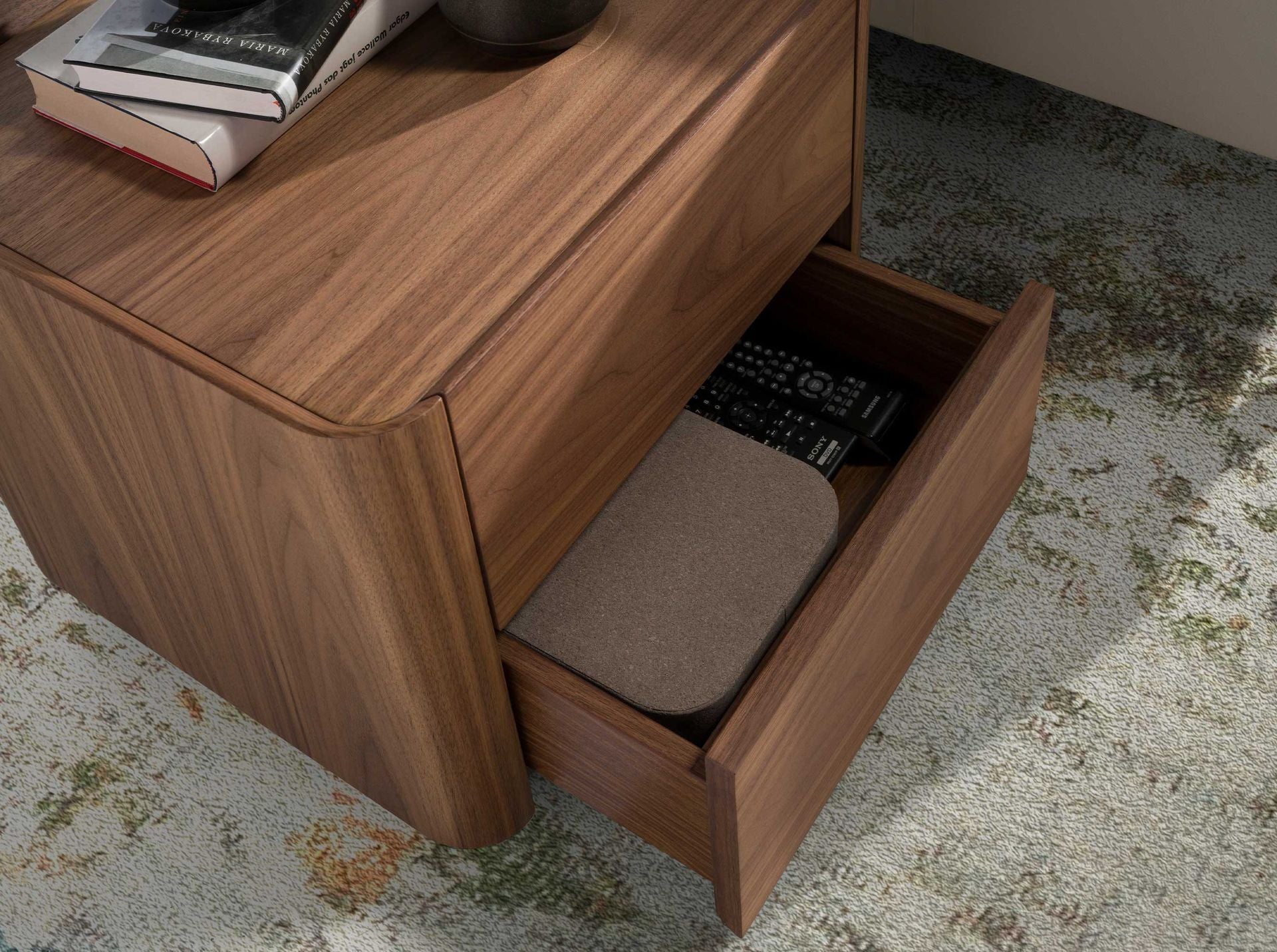 Walnut bedside table with lighting