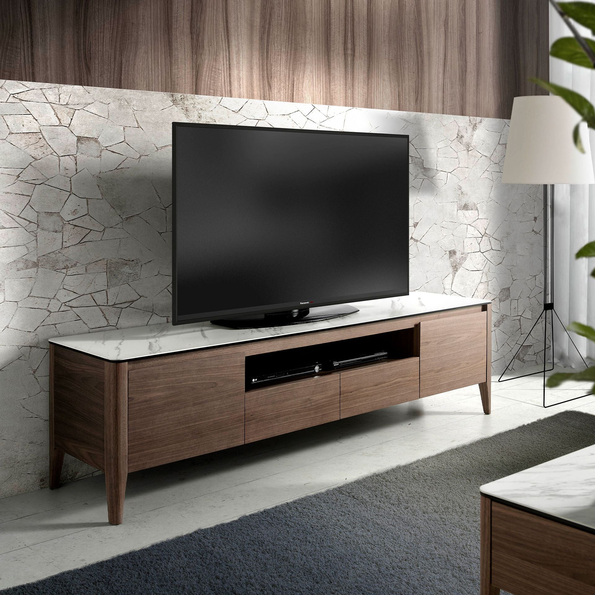Walnut TV Stand with glass top imitation marble