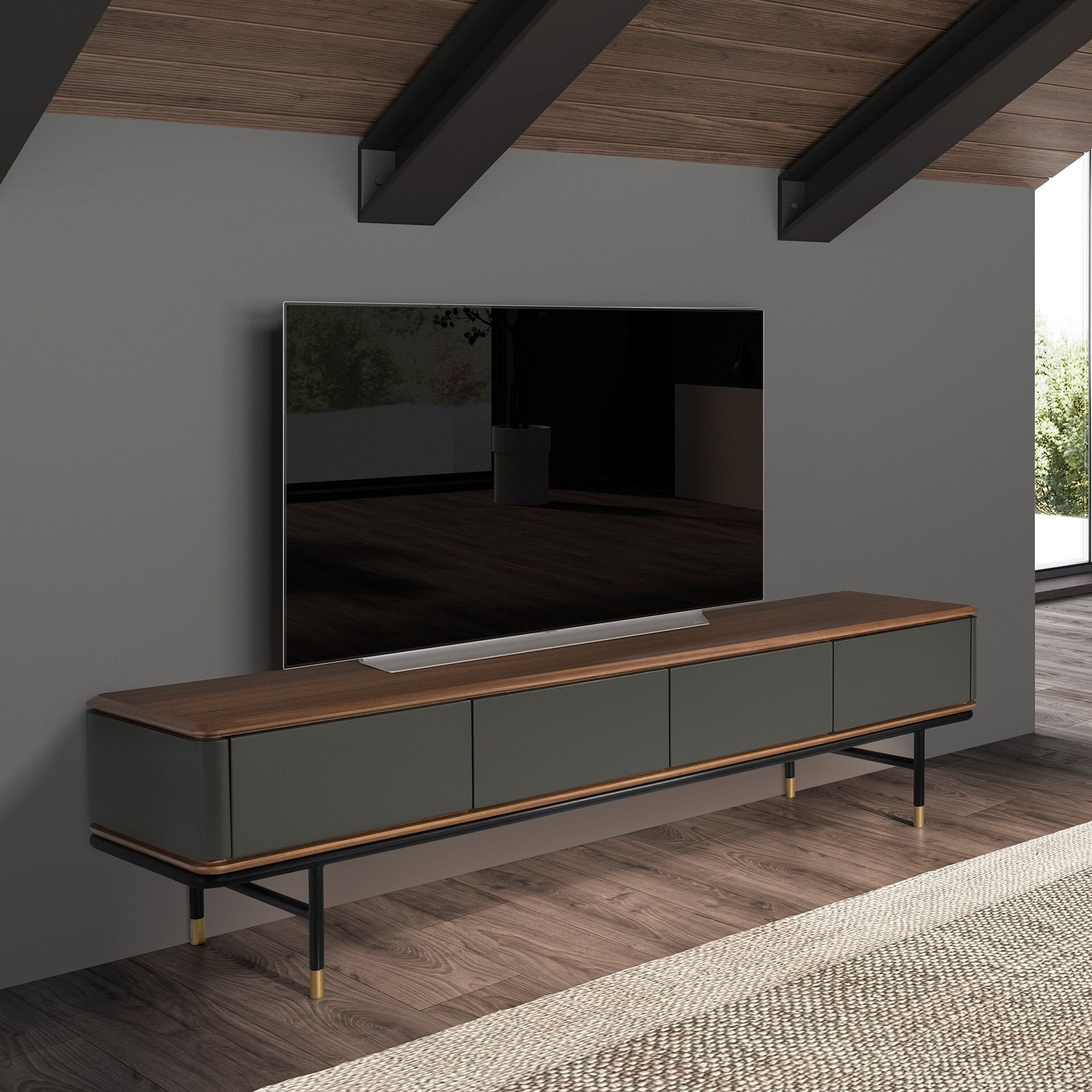TV Stand in matt dark grey wood, black steel and walnut top