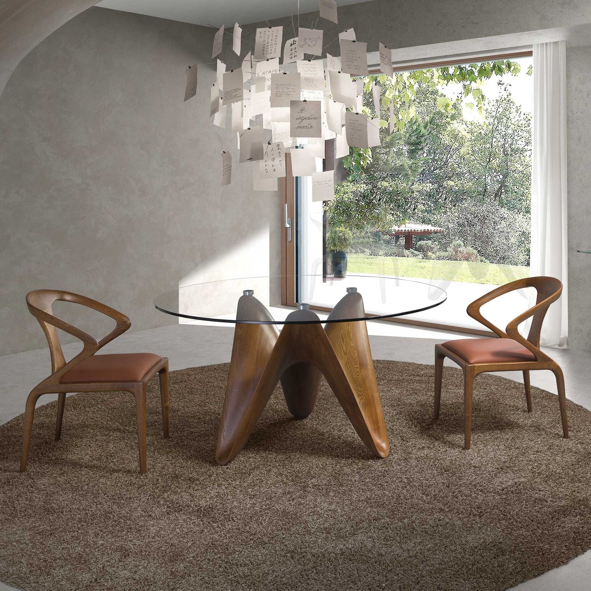 Round tempered glass and walnut dining table