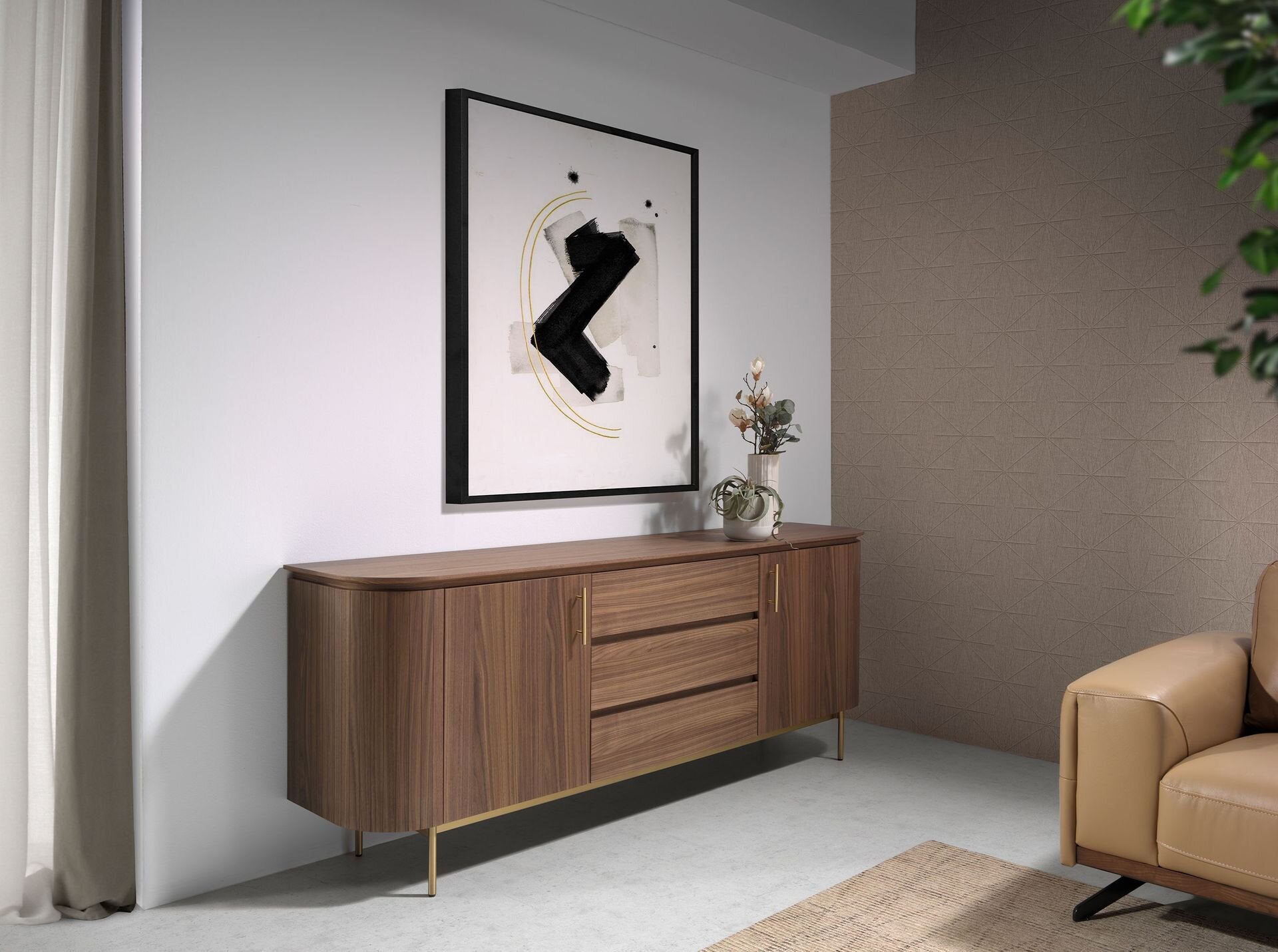 Sideboard walnut and golden polished steel