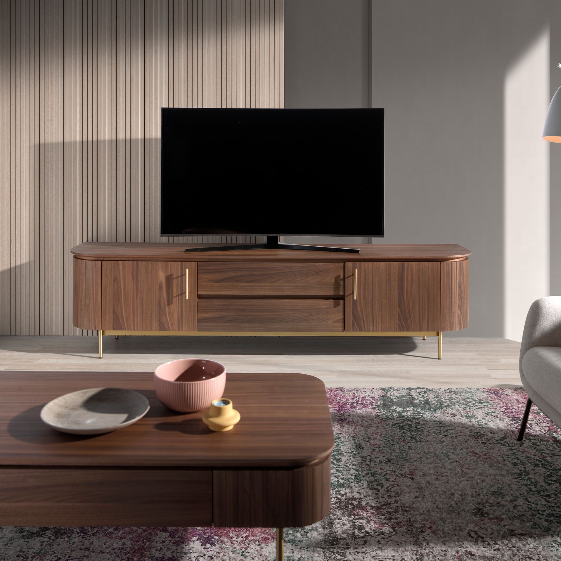 TV Stand walnut and golden polished steel