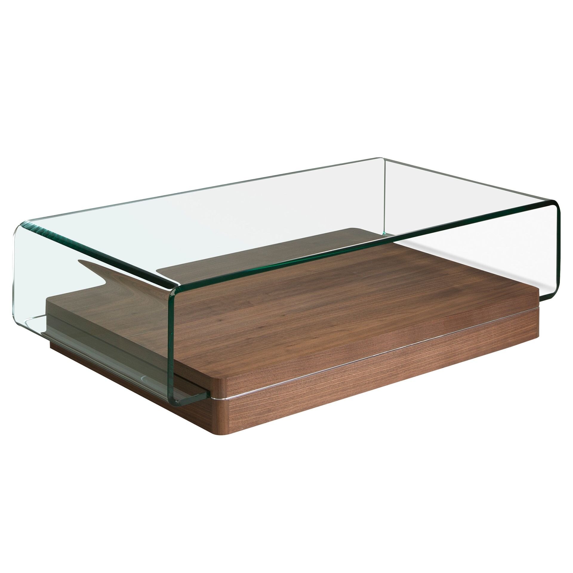 Rectangular tempered glass and walnut coffee table
