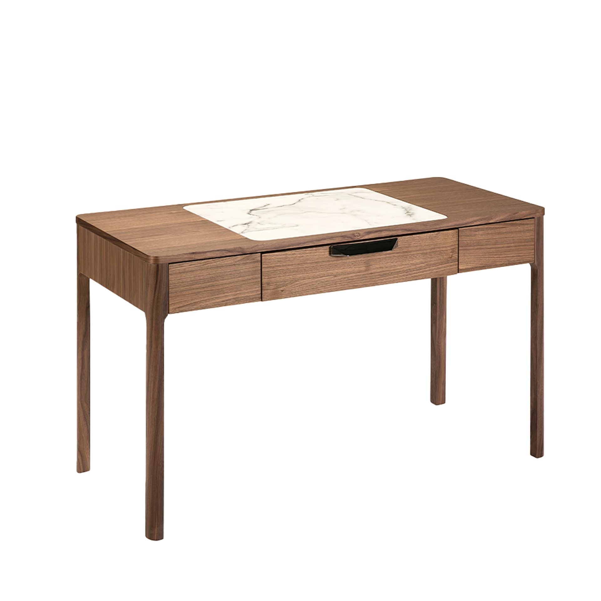 Walnut dressing table with white and glossy grey marble-look glass top