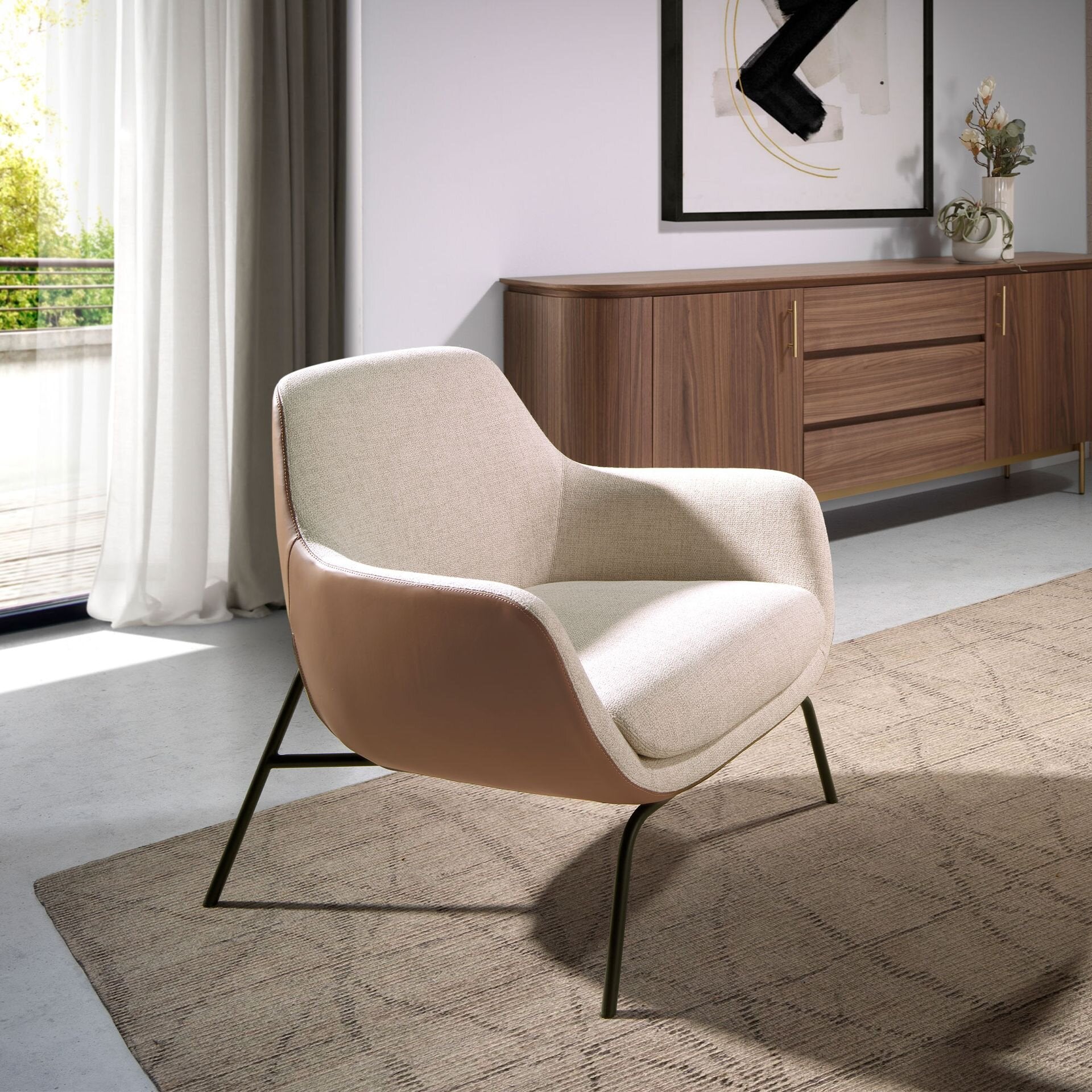 Cream Fabric and Leatherette Armchair