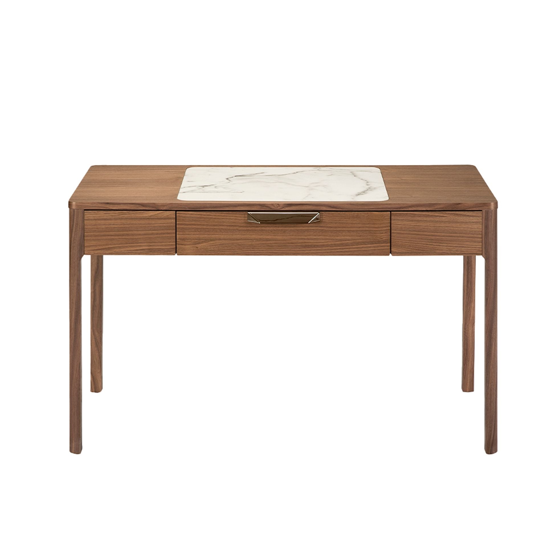 Walnut dressing table with white and glossy grey marble-look glass top