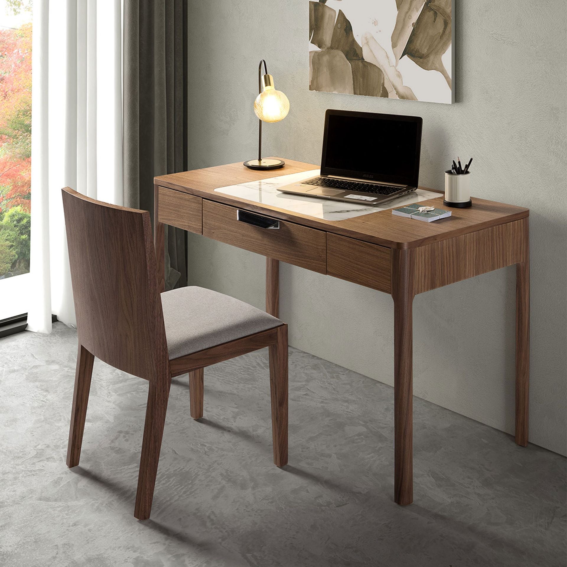 Walnut dressing table with white and glossy grey marble-look glass top