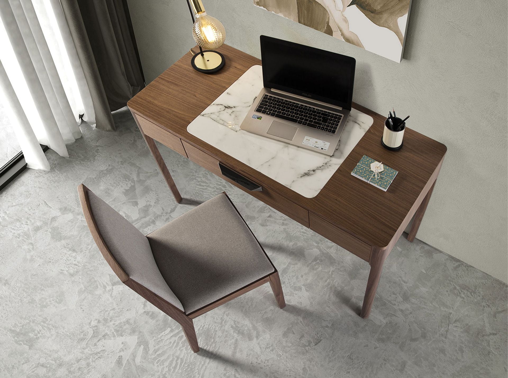 Walnut dressing table with white and glossy grey marble-look glass top