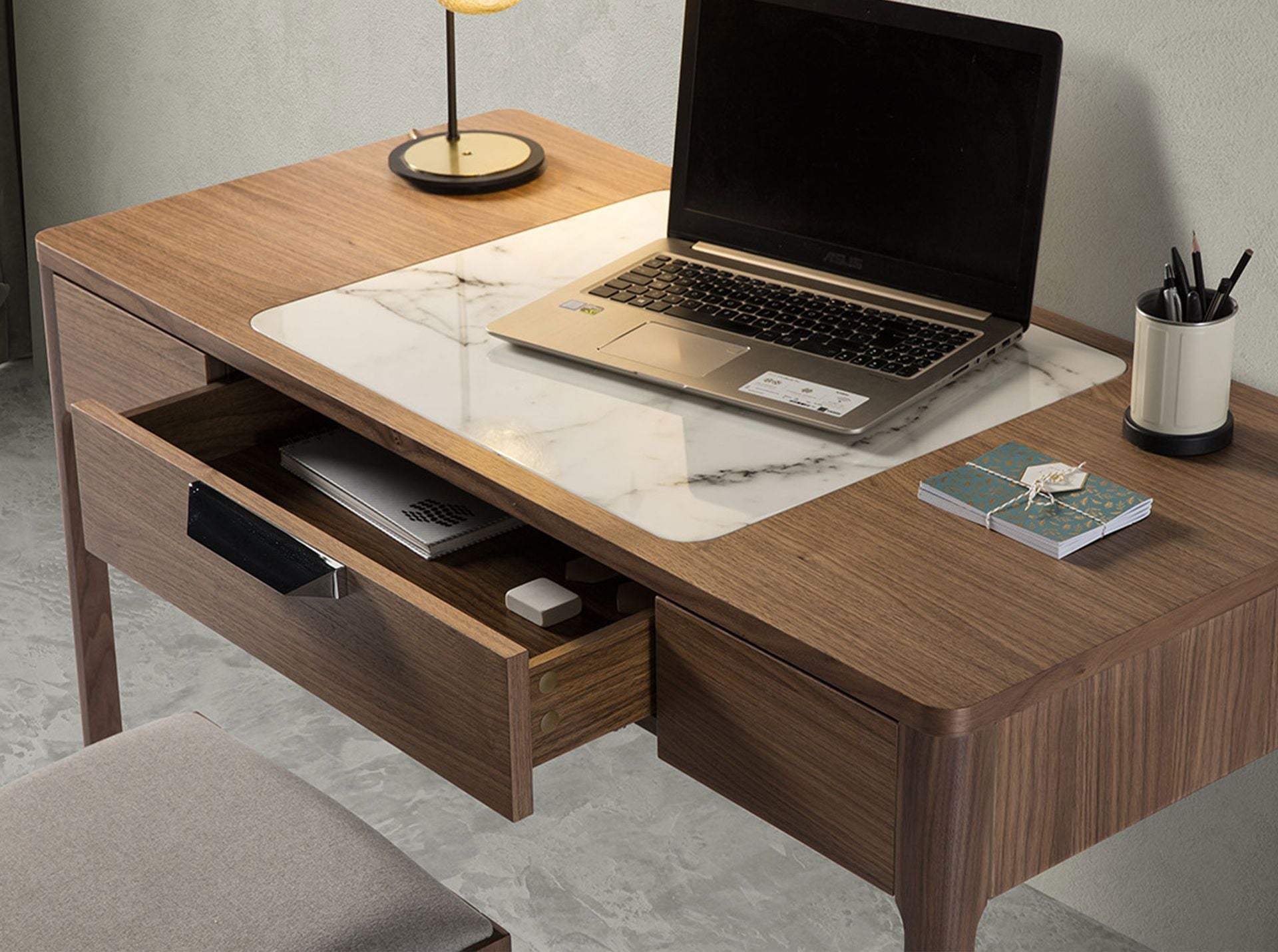 Walnut dressing table with white and glossy grey marble-look glass top