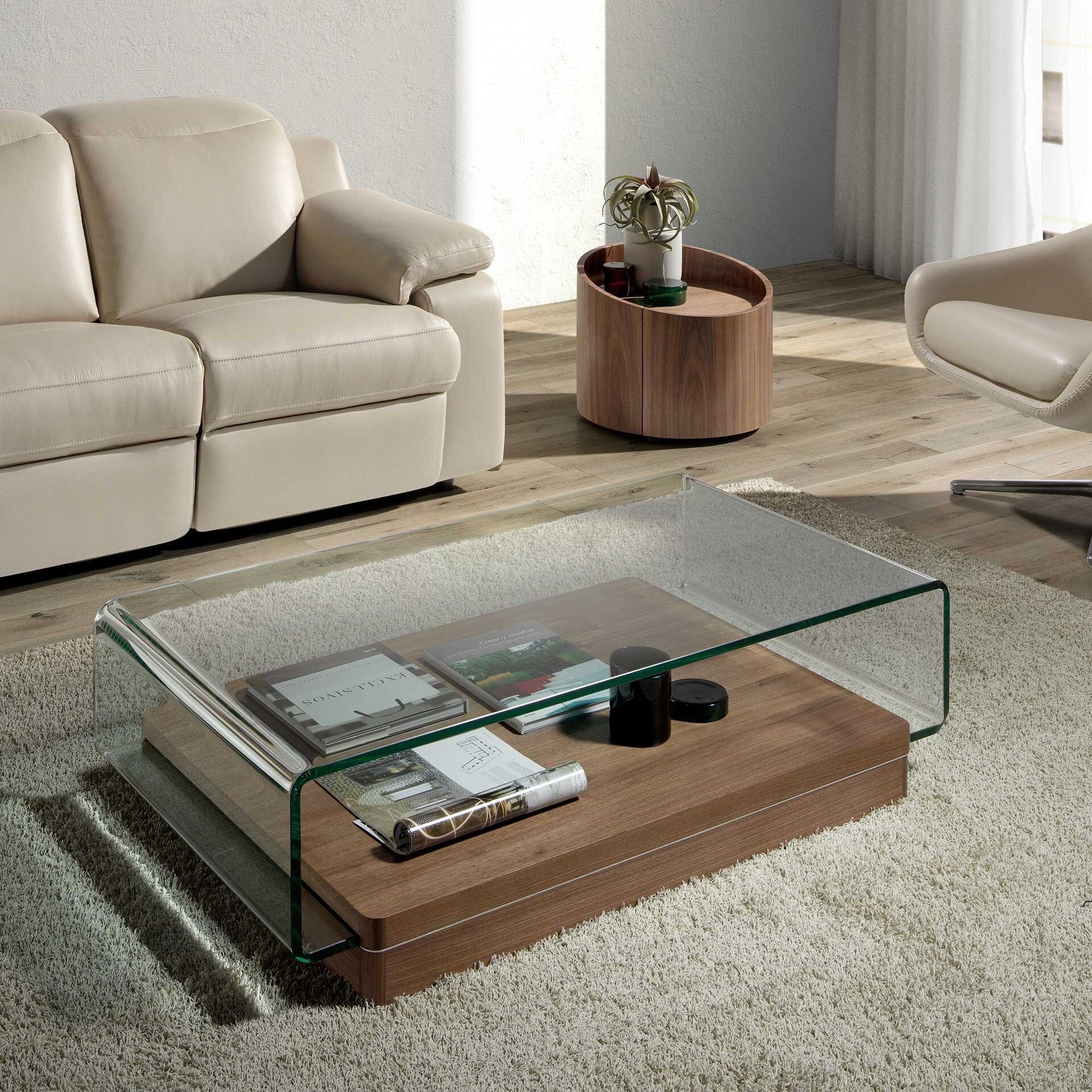 Rectangular tempered glass and walnut coffee table