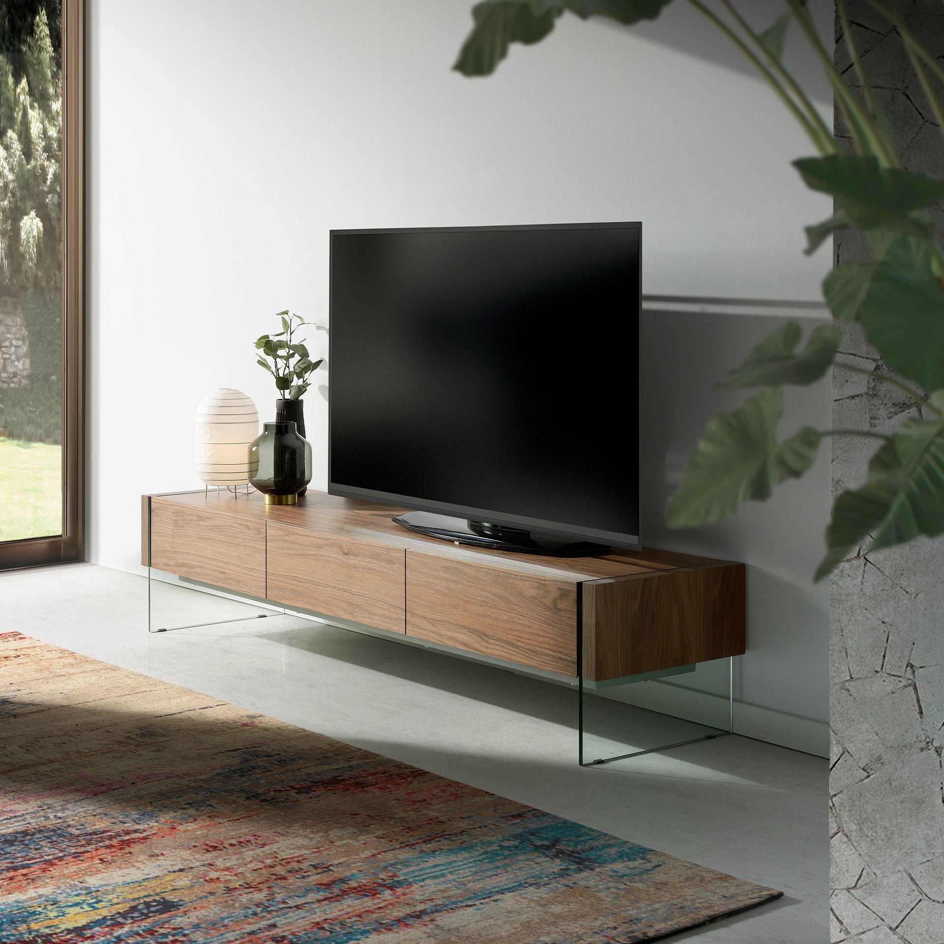 Walnut and tempered glass TV Stand