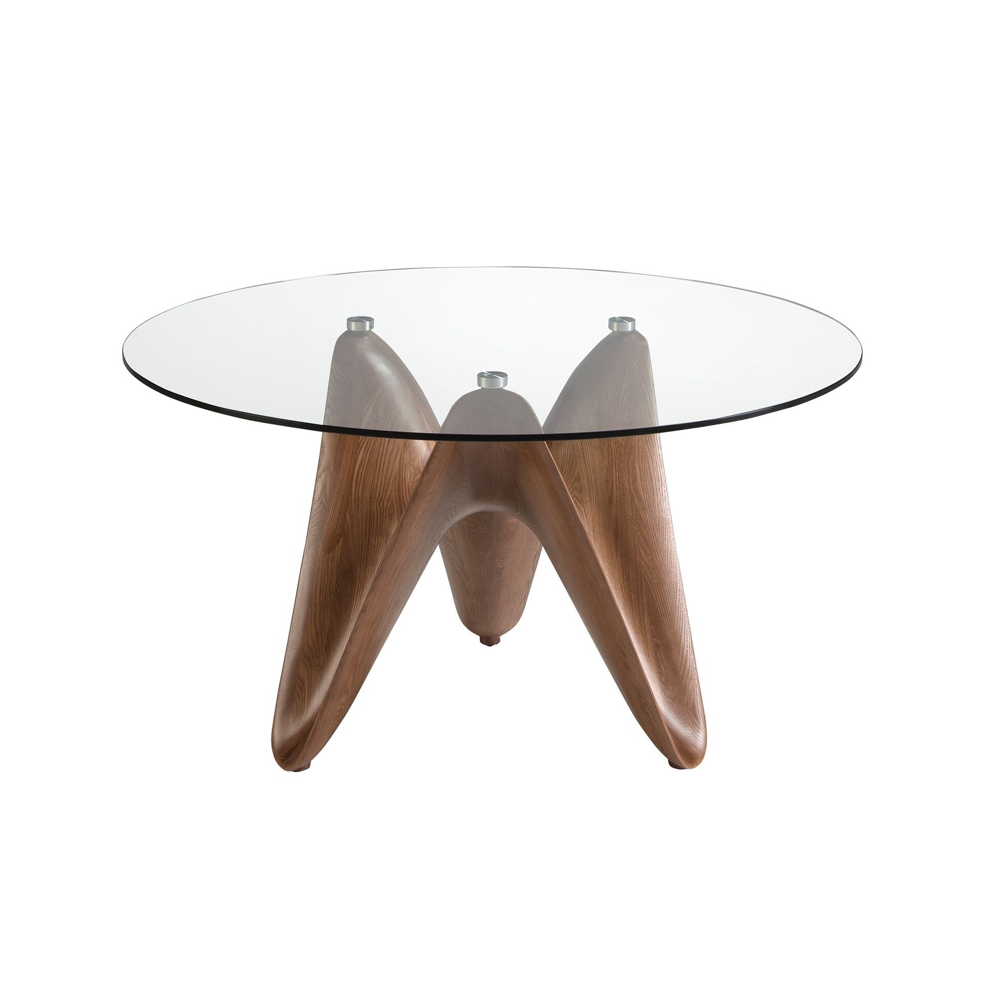 Round tempered glass and walnut dining table